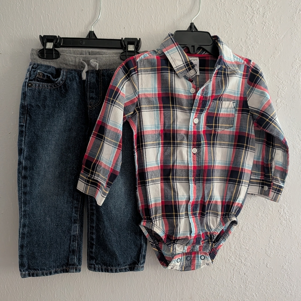 Classic Plaid Button-Up Bodysuit in Red & Navy And Pants